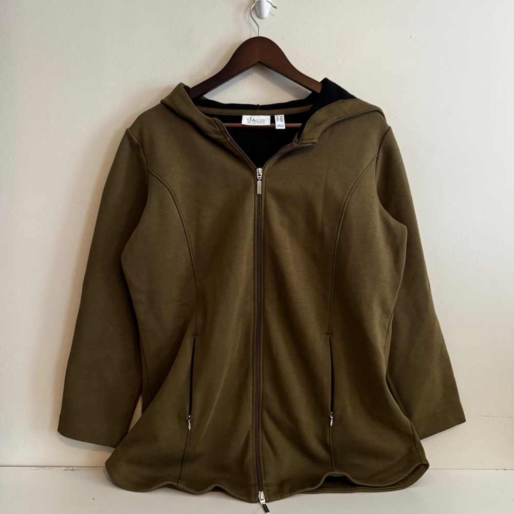 D&Co Active Women's Petite Small Olive Green Full Zip Hooded Fleece Jacket Fall